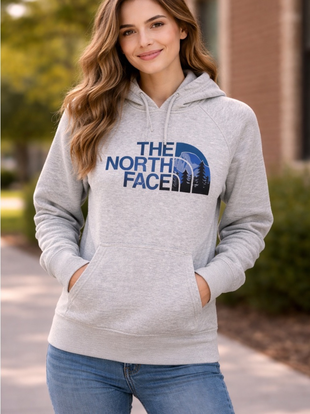 The North Face Heather Gray Hoodie with Navy Logo